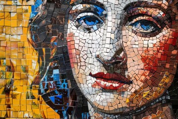 A mosaic woman's face with blue eyes and red lips. The woman's face is made up of small tiles, and the tiles are arranged in a way that creates a sense of depth and dimension