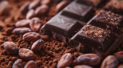 A piece of chocolate on top of cocoa beans. Ideal for food and dessert concepts