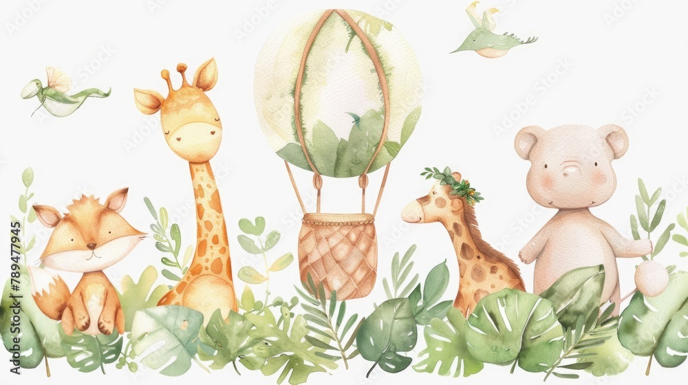 Poster a group of various animals in a lush jungle setting. ideal for educational materials or wildlife con