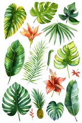 Vibrant tropical leaves painted in watercolor. Perfect for botanical designs