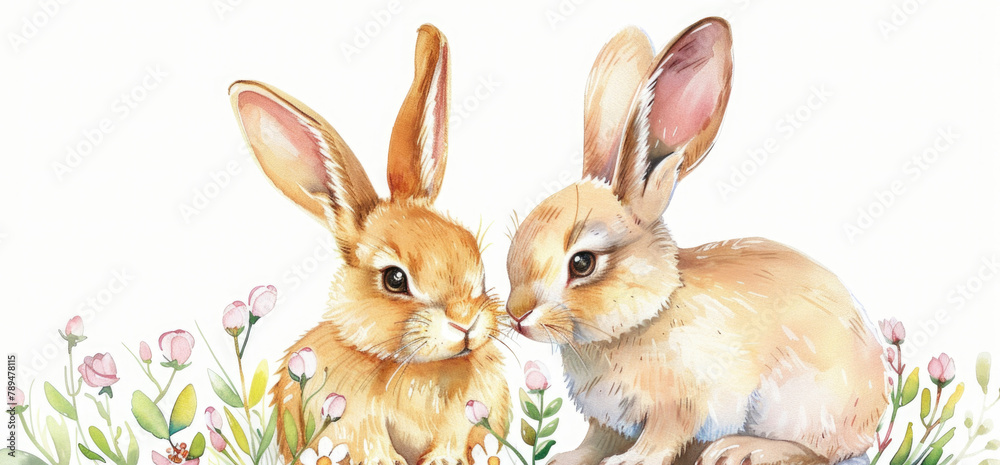 Poster a pair of rabbits sitting side by side. suitable for nature and wildlife themes