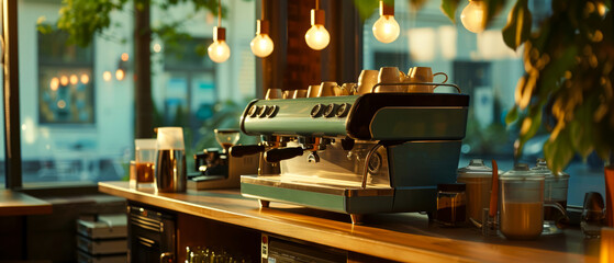 Fototapeta na wymiar Close up of coffee machine, coffee maker on the restaurant, coffee shop or bar. Professional equipment for Coffee Shop or restaurant. Cozy ambience of cafe. Generative ai