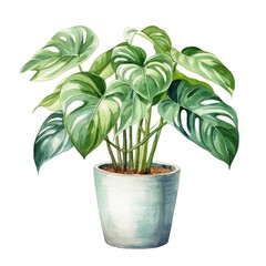 A watercolor painting of a potted monstera deliciosa plant with dark green leaves and white variegation.