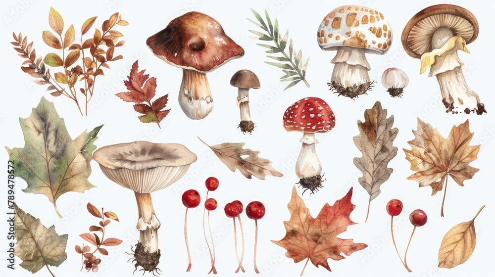 Poster Assorted mushrooms and leaves in a natural setting. Suitable for nature and food themes