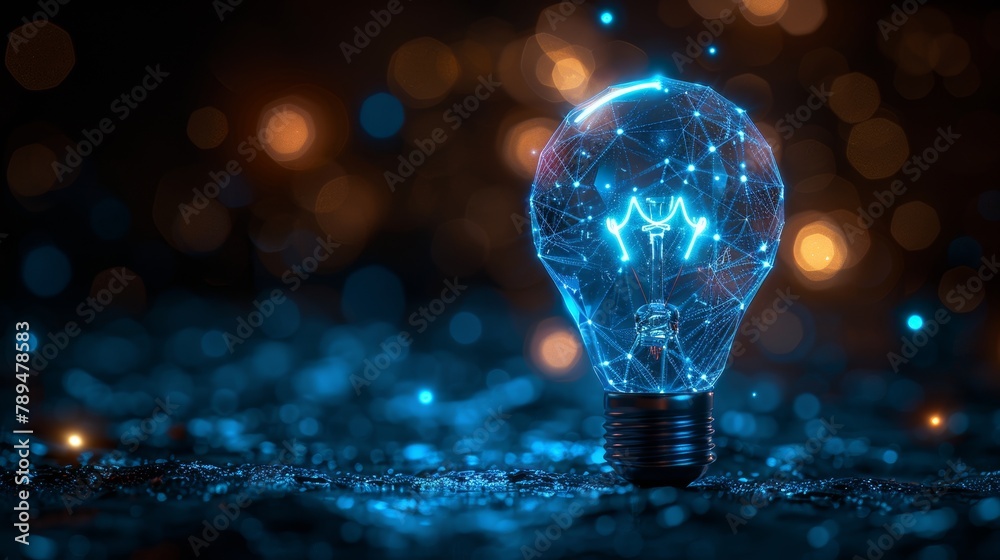 Leinwandbilder rocket launch. blue glowing light bulb rocket launch. low poly style design. abstract geometric back
