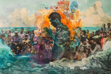 A painting of a man praying in front of a crowd of people - obrazy, fototapety, plakaty