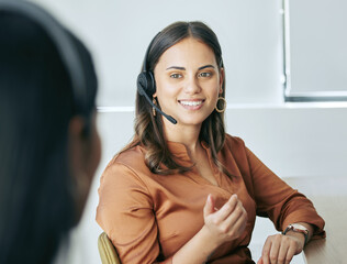 Call center, woman and chat with colleague, workplace and business of telemarketing, company and sales. Office, smile and talking to friend, coworker and happiness for break, job and customer service