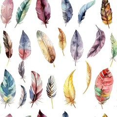 Colorful watercolor feathers on a plain white background. Suitable for design projects