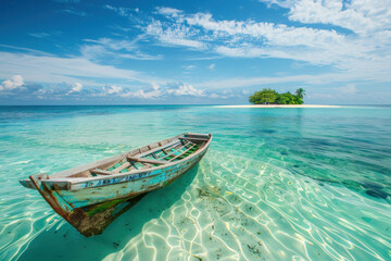 beautiful tropical island with clear water and wooden boat