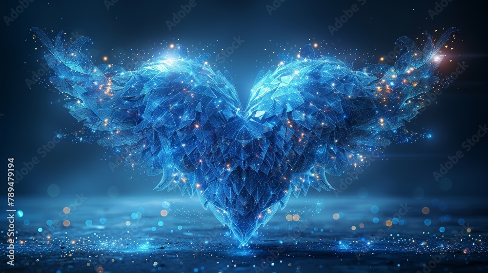 Poster an abstract happy 2024 new year greeting card with a flying blue heart and wings. low poly style des