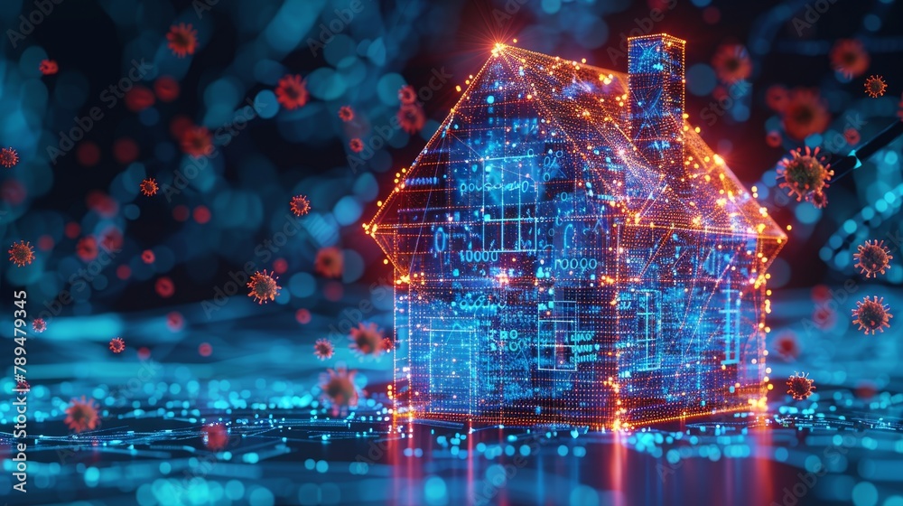 Aufkleber Abstract house icon with a blue glass dome attacked by red viruses. Low poly style design. Blue geometric background. Wireframe connection structure. Modern graphic concept. Vector.