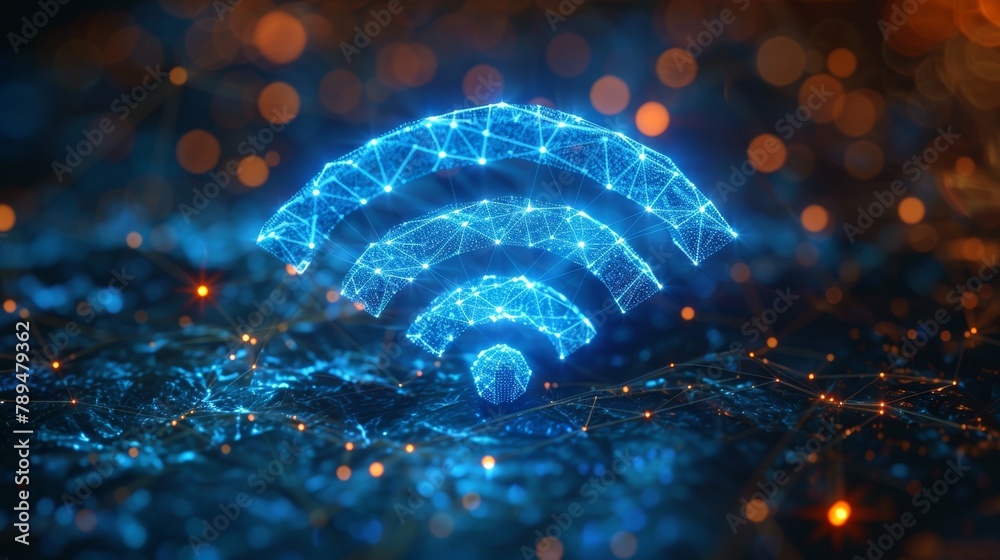 Leinwandbilder a symbol of wi-fi behind a futuristic blue shield. a safe wireless internet technology protection co