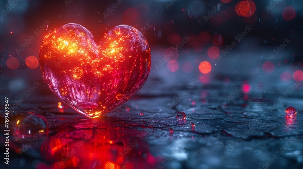 Poster a digital heart glows in a futuristic style. 3d model with a board texture, a postcard as a symbol o