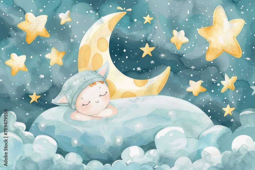 Poster a peaceful image of a baby sleeping on a cloud with a beautiful moon and stars in the sky. perfect f