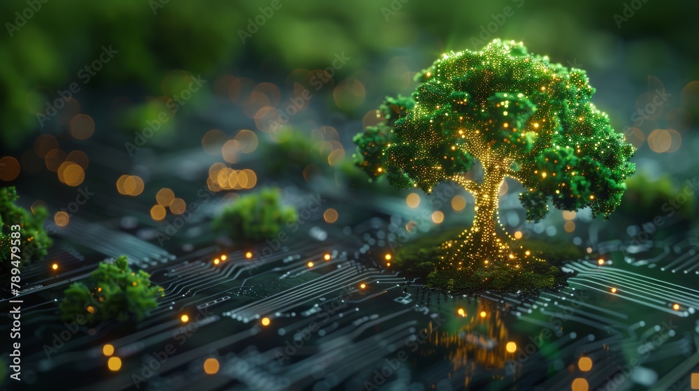 Poster Future tech development concept with glowing neon trees on a circuit board background in a futuristic polygonal style. Modern illustration of the future of technology.
