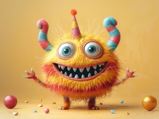 A birthday card with a whimsical illustration of a birthday monster, solid color background, 4k, ultra hd