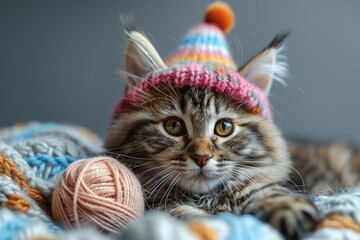 A cat wearing a birthday hat playing with a ball of yarn, solid color background, 4k, ultra hd - obrazy, fototapety, plakaty