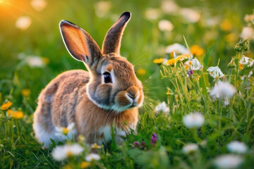 Rabbit on the lawn with flowers at sunset