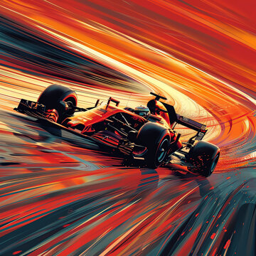 Dynamic illustration of a racing Formula 1 car with vibrant speed motion effects