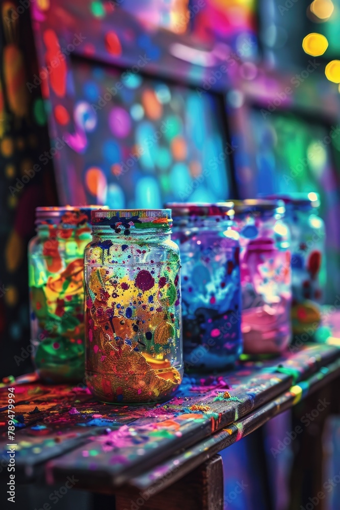 Poster bright and vibrant jars of colorful liquid on a table. perfect for a science or laboratory concept