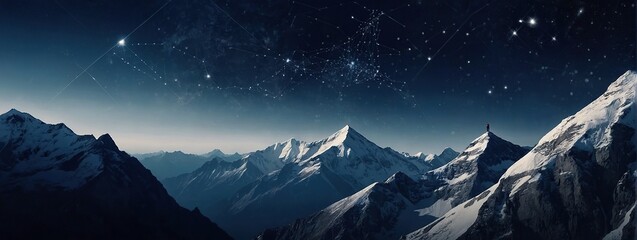 Digital mountain with a flag and a professional climbing businessman on the top, Abstract goals achievement and ambitions concept, Technology dark blue background with peaks and constellations