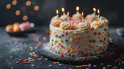 A festive birthday cake with vibrant sprinkles and candles against a dark background, 4k, ultra hd - obrazy, fototapety, plakaty