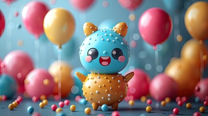 A festive birthday card featuring a cute cartoon character holding balloons, 4k, ultra hd