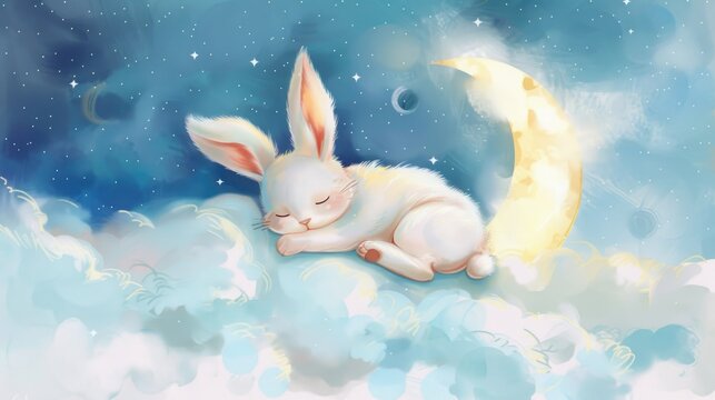 A peaceful white rabbit asleep on a fluffy cloud, ideal for children's books or dreamy concepts