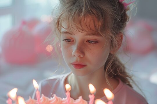 A girl making a wish before blowing out candles on her cake, solid color background, 4k, ultra hd