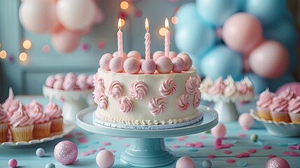 A pastel-themed birthday celebration with soft hues and delicate decorations, 4k, ultra hd