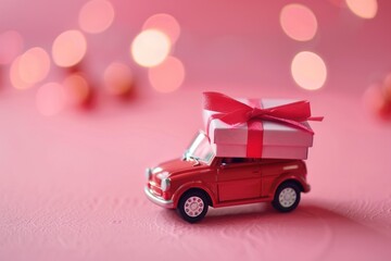 Toy car with a gift on top, perfect for holiday concepts