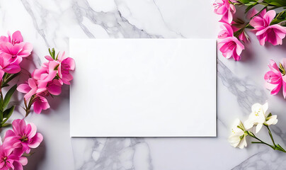 Beautiful work decorated with a blank page and pink flowers on a white marble top view. Copy-space, place for your lettering. 