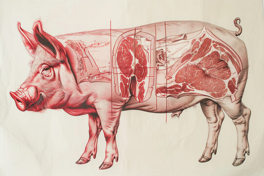 A detailed drawing of a pig humorously segmented into beef parts.