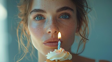 A woman blowing out candles on a birthday cupcake with a lit sparkler on top, solid color background, 4k, ultra hd