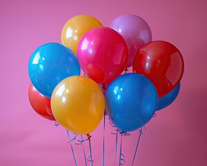 Bouquet of balloons in various shapes and sizes against a plain backdrop, solid color background, 4k, ultra hd
