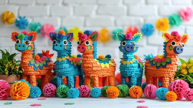 Bold and vibrant fiesta decorations with papel picado banners and colorful pinatas on white background, 4k, ultra hd
