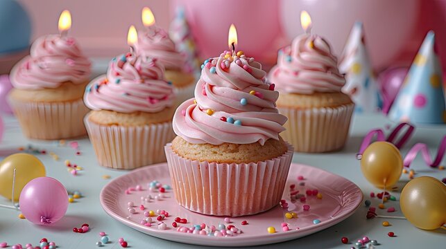 Brightly lit candles on a cupcake surrounded by party hats and streamers, solid color background, 4k, ultra hd