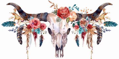 Cercles muraux Crâne aquarelle Watercolor painting of a cow skull adorned with colorful flowers and feathers. Perfect for bohemian or southwestern themed designs