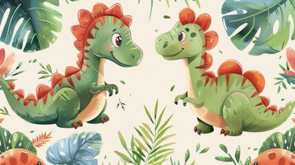A group of cartoon dinosaurs in a lush jungle setting. Perfect for children's illustrations or educational materials