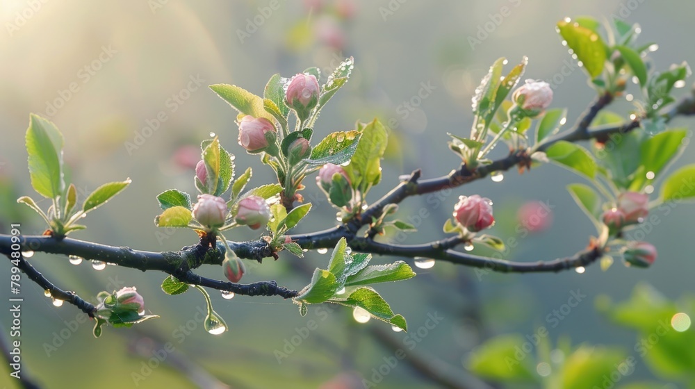 Poster close-up of a wet apple tree branch, suitable for nature themes