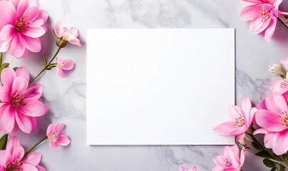 Beautiful work decorated with a blank page and pink flowers on a white marble top view. Copy-space, place for your lettering. 