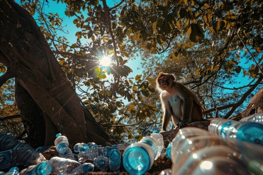 Low angle shot of a monkey sitting on a stone in forest with plastic bottles, Plastic pollution
