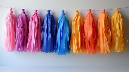 Eye-catching tassel garland in bold colors hanging elegantly for party decoration, 4k, ultra hd