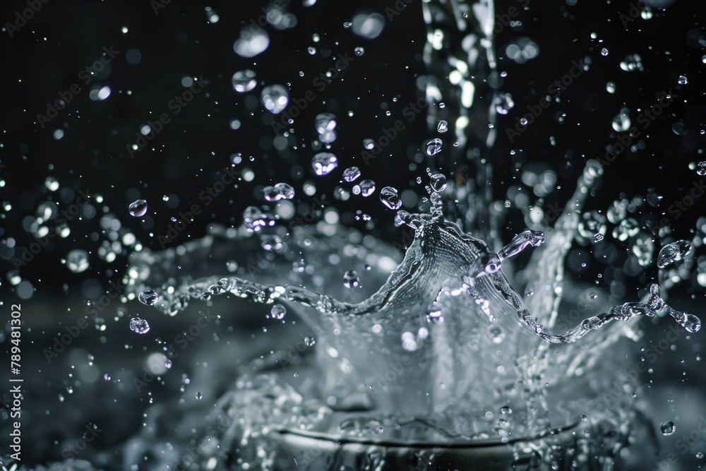 Poster close-up of water flowing from a faucet. ideal for water conservation concepts