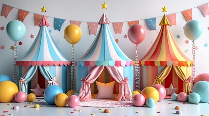 Fun carnival games and prizes setup with colorful tents and banners on white background, 4k, ultra hd