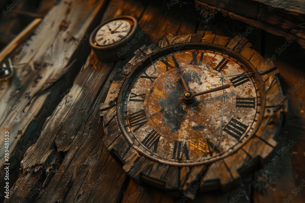 Poster close up of a clock on a wooden wall. suitable for time management concepts