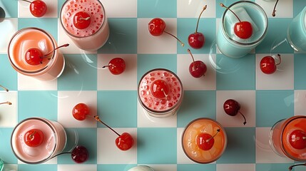Retro diner-themed decorations with checkerboard patterns on white background, 4k, ultra hd