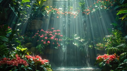 Rainforest theme, exotic flowers, lush greens, waterfall mist, canopy light - obrazy, fototapety, plakaty