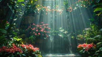 Fotobehang Rainforest theme, exotic flowers, lush greens, waterfall mist, canopy light © Gefo