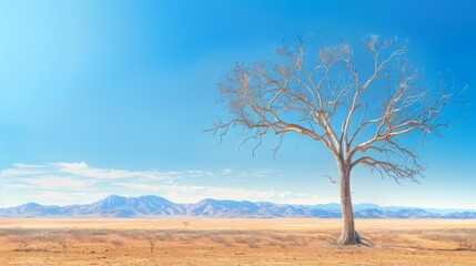 Solitary Tree Standing Tall in Arid Desert Landscape Under Clear Blue Sky - obrazy, fototapety, plakaty